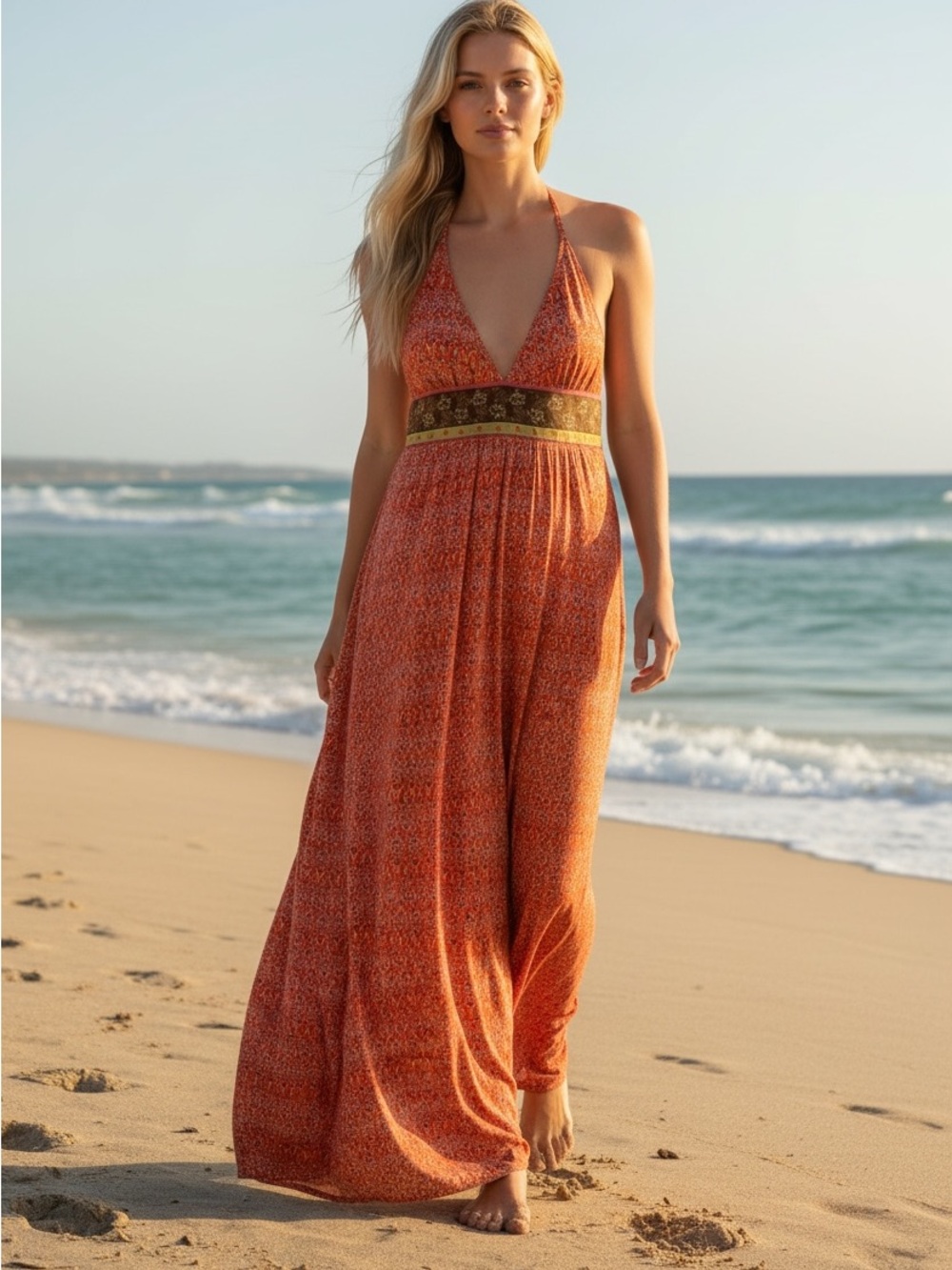 Boho Halter Backless Maxi Dress in Burnt Orange